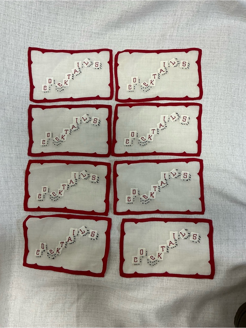 Vintage Mid-Century Appliqué & Embroidered Domino Cocktail Napkins Set of 8 Bar